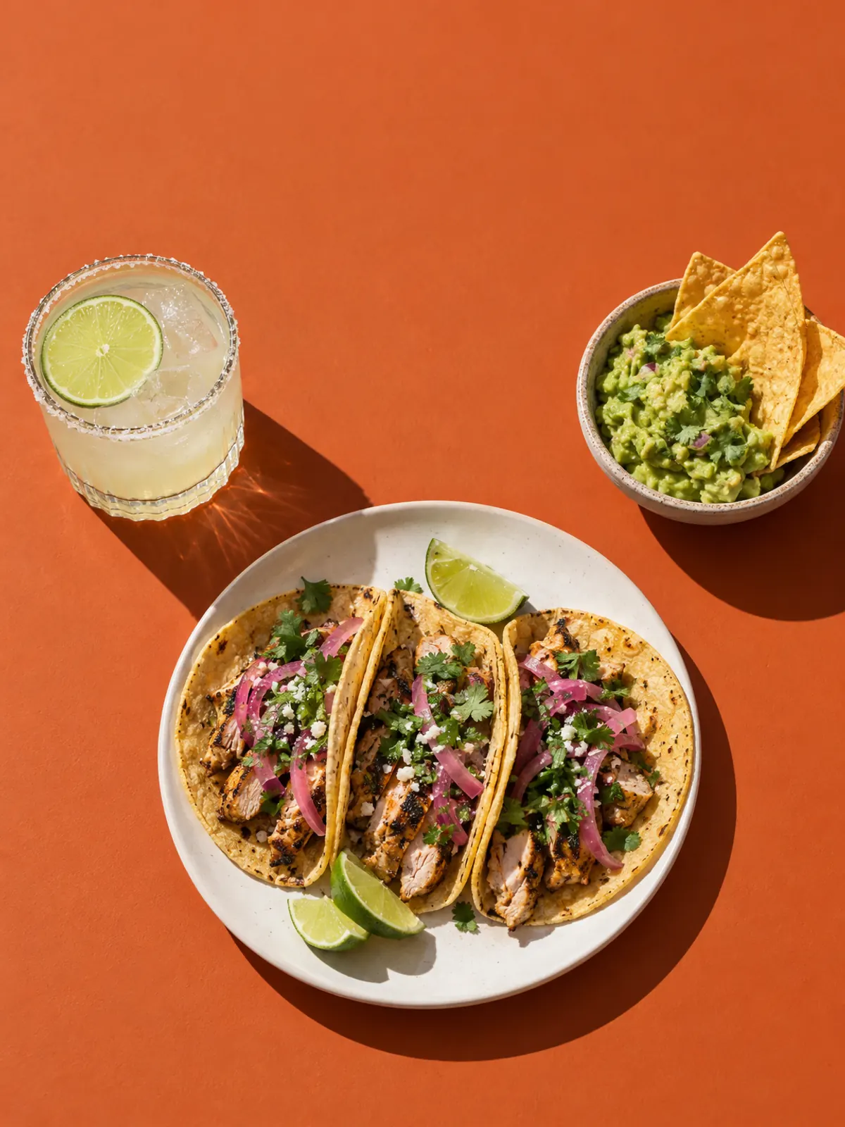 Three chicken tacos on a white plate, a bowl of guacamole with chips and a margarita, on a terracotta table in hard sun.
